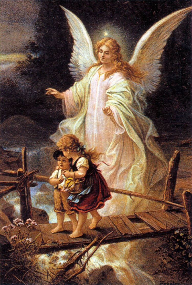 Klassische Gebetskarten-Darstellung vom Ende des 19. Jh. Die große Schwester (9 Jahre alt?) führt den kleinen Bruder (4 Jahre) über eine klapprige und wacklige Holzbrücke über einen Reißenden Gebirgsbach. Über beiden steht die Hände ausbreitend der Schutzengel im leuchtend weißen Gewand und mit einem Stern über dem Haupt.